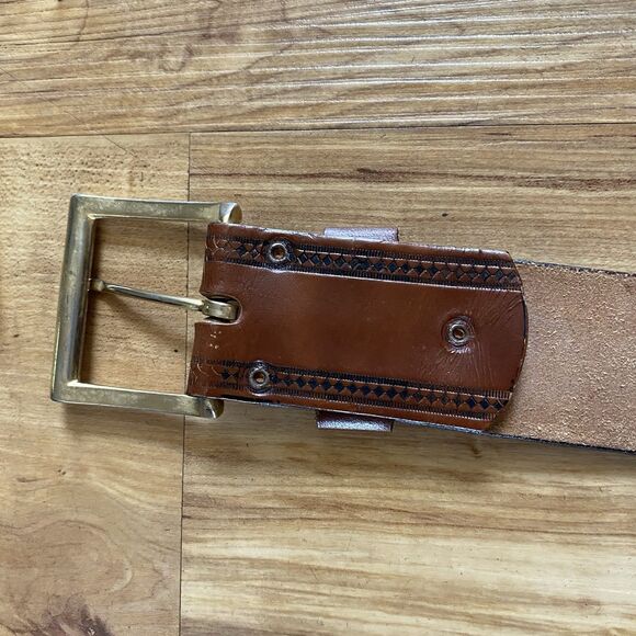 VTG Mens 34 Brown Tooled Leather Western Cowboy Belt Adjustable Gold Buckle Work - Picture 13 of 15